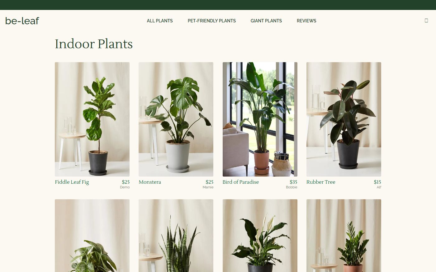 Be-Leaf's plant shop: a grid of houseplants with names and prices.