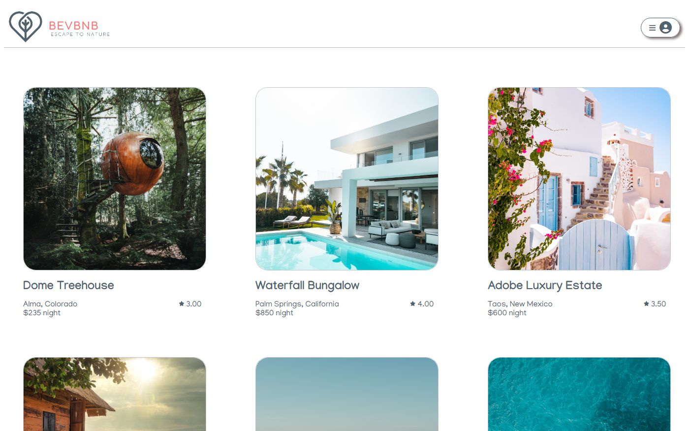 BevBnB home page: a grid of vacation rentals with photos, ratings and nightly prices.
