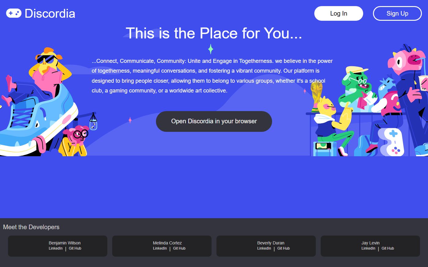 Discordia's landing page with a Log In button and the four developers credited at the bottom.